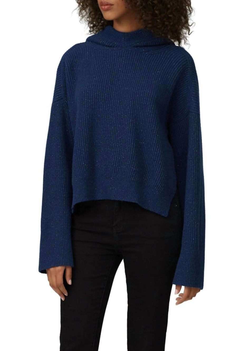Nude Blue Lurex Wool Knit Hoodie Sweater S(38) Metallic Ribbed Pullover